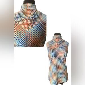 Vtg 70s Retro Mock Neck Cubist Retro Rainbow Check Sleeveless Groovy Tunic Top M